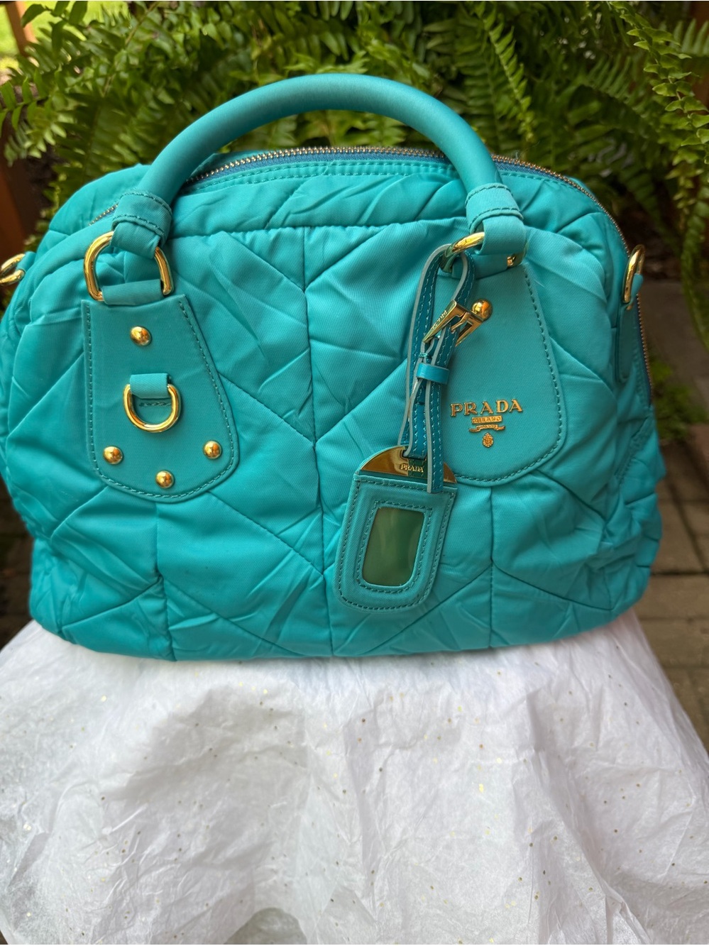 PRADA TURQUOISE QUILTED WITH COA CARD DUSTBAG AND LONG STRAP - Picture 1 of 16